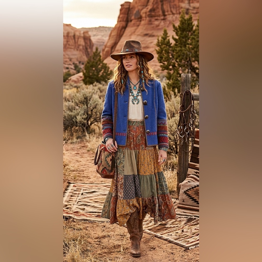 Coldwater Creek Blue Wool Blend Boiled Jacket with Multicolor Trim